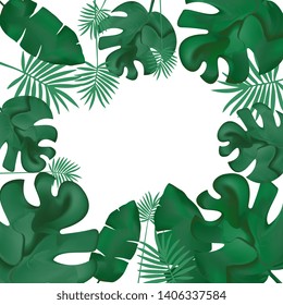 Vector banners set with green tropical leaves on white background. 