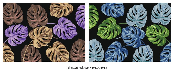 Vector banners set with green tropical leaves on black background. Exotic botanical design for cosmetics, spa, perfume, beauty salon, travel agency, florist shop. Best as wedding invitation cards