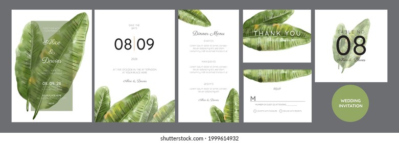 Pancartas vectoriales con hojas tropicales verdes sobre fondo negro. Diseño botánico exótico para cosméticos, spa, perfume, salón de belleza, agencia de viajes, floristería. Mejor como cartas de invitación a la boda
