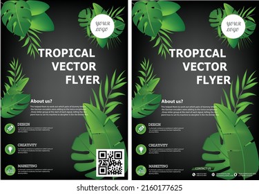 Vector banners set with green tropical leaves on black background. Exotic botanical design for cosmetics, spa, perfume, beauty salon, travel agency, florist shop.print abstract Vector illustration