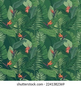 Vector banners set with green tropical leaves on black background.