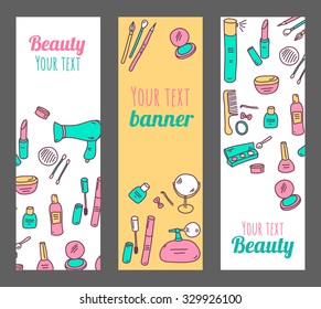 Vector banners set with hand drawing cosmetics.Beauty header design