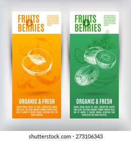 Vector banners set  with hand drawn fruits. Organic and fresh fruits illustration.