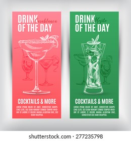 Vector banners set  with hand drawn cocktails. Cocktails menu.