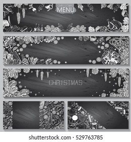 Vector Banners Set. Hand Drawn Recipe or Menu Background with Gray Chalkboard. Winter and Christmas Food theme. Template Design Backgrounds.