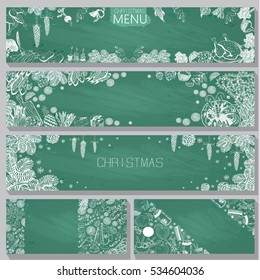 Vector Banners Set. Hand Drawn Recipe or Menu Background with Gray Chalkboard. Winter and Christmas Food theme. Template Design Backgrounds.