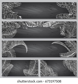 Vector Banners Set. Hand Drawn Recipe or Menu Background with Gray Chalkboard. Exotic Palm Leaves.