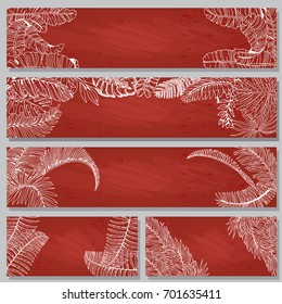 Vector Banners Set. Hand Drawn Recipe or Menu Background with Red Chalkboard. Exotic Palm Leaves.