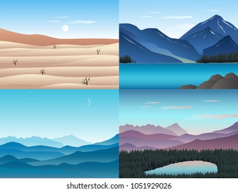 Vector banners set with landscape illustration in flat design. Perfect for web design development, web page, flyer, promotion, application. Sunset, mountains, desert, forest, lake