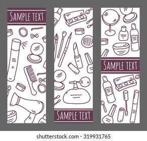 Vector banners set with line drawing cosmetics.Beauty header design
