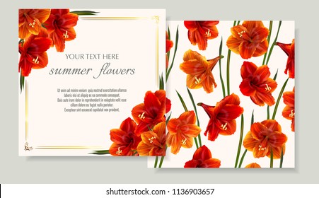 Vector banners set with Luxurious bright red Hippeastrum flowers.Template for greeting cards, wedding decorations, invitation ,sales. Spring or summer design. Place for text.