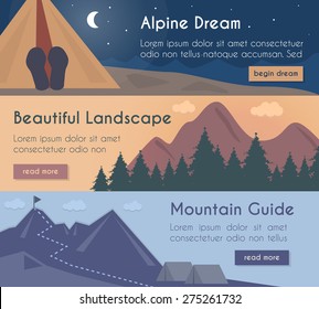 Vektorbanner-Set, Bergwandern in der schönen Landschaft mit Bergführer.