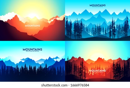 Vector banners set with mountains landscape. Illustrations with realistic backgrounds of mountains with trees. Winter, summer. Sunset, sunrise.
