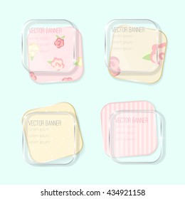 Vector banners set. pastel colors. glass elements. english style. shabby chic. pink color. Vector label with a glass surface.  Eps