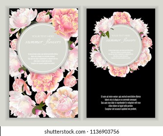Vector banners set with peonies on black.Template for greeting cards, wedding decorations, invitation ,sales. Spring or summer design. Place for text.