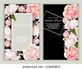 Vector banners set with peonies on black.Template for greeting cards, wedding decorations, invitation ,sales. Spring or summer design. Place for text.