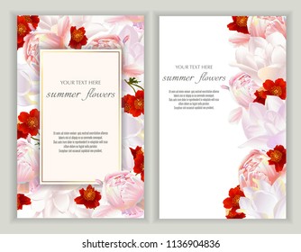 Vector banners set with peony and tulips flowers.Template for greeting cards, wedding decorations, invitation ,sales. Spring or summer design. Place for text.
