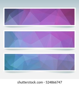 Vector banners set with pink, blue, purple  polygonal abstract triangles. Abstract polygonal low poly banners.  