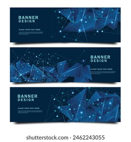 Vector banners set with polygonal abstract shapes, with circles, lines, triangles. Abstract polygonal low poly banners with connecting dots and lines