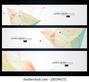 Vector banners set with polygonal abstract shapes, with circles, lines, triangles / Vector illustration for your business presentations. EPS10.