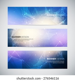 Vector banners set with polygonal abstract shapes, with circles, lines, triangles. Abstract polygonal low poly banners with connecting dots and lines. Connection structure. Vector science background. 