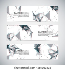 Vector banners set with polygonal abstract shapes, with circles, lines, triangles