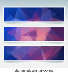 Vector banners set with polygonal abstract  triangles. Blue, pink, purple colors. Abstract polygonal low poly banners.  