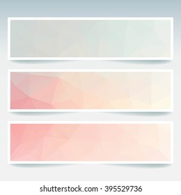 Vector banners set with polygonal abstract  triangles. Abstract polygonal low poly banners. Pink, white, blue colors.   