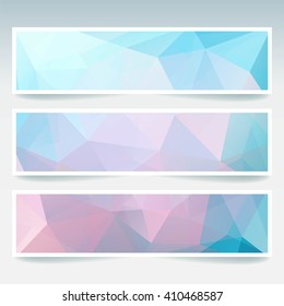 Vector banners set with polygonal abstract  triangles. Abstract polygonal low poly banners. Pastel pink, blue colors.  