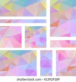 Vector banners set with polygonal abstract  triangles. Abstract polygonal low poly banners. Pastel pink, yellow, blue colors.  