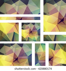 Vector banners set with polygonal abstract triangles. Abstract polygonal low poly banners. Colorful banners.  Yellow, green, brown colors. 