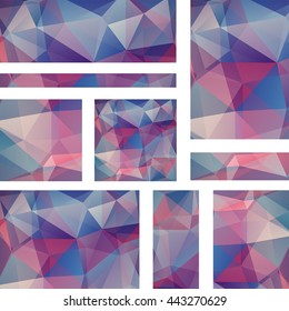 Vector banners set with polygonal abstract  triangles. Pink, purple, blue colors. 