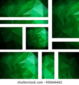 Vector banners set with polygonal abstract  triangles. Abstract polygonal low poly banners.   Green color. 
