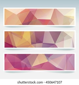 Vector banners set with polygonal abstract  triangles. Abstract polygonal low poly banners.  Yellow, orange, pink colors. 