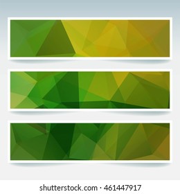 Vector banners set with polygonal abstract  triangles. Abstract polygonal low poly banners.  Yellow, green color. 