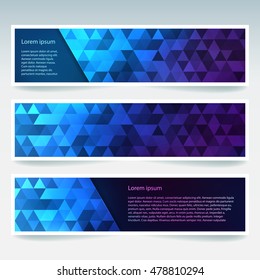 Vector banners set with polygonal abstract  triangles. Abstract polygonal low poly banners. Blue, purple colors.  