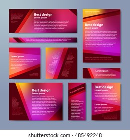Vector banners set with polygonal abstract red triangles. Abstract polygonal low poly banners.  Pink, red, yellow, orange colors