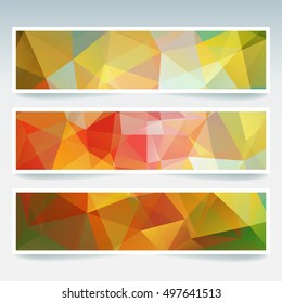 Vector banners set with polygonal abstract  triangles. Abstract polygonal low poly banners.  Yellow, green, orange colors