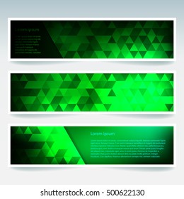 Vector banners set with polygonal abstract green triangles. Abstract polygonal low poly banners.