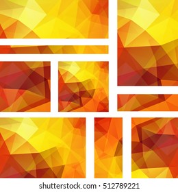 Vector banners set with polygonal abstract  triangles. Abstract polygonal low poly banners. Yellow, orange colors