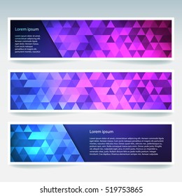 Vector banners set with polygonal abstract triangles. Abstract polygonal low poly banners. Colorful banners.