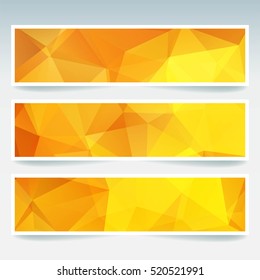 Vector banners set with polygonal abstract orange, yellow triangles. Abstract polygonal low poly banners.  