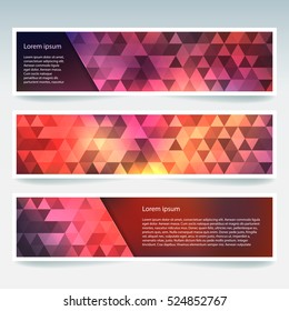 Vector banners set with polygonal abstract pink, orange, brown  triangles.  Abstract polygonal low poly banners. 