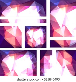 Vector banners set with polygonal abstract  triangles.  Abstract polygonal low poly banners. Pink, purple, blue, white colors. 
