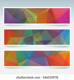 Vector banners set with polygonal abstract  triangles. Abstract polygonal low poly banners. Pink, red, green, blue colors.  
