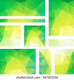 Vector banners set with  polygonal abstract  triangles. Abstract polygonal low poly banners. Yellow, green colors. 