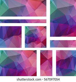 Vector banners set with polygonal abstract  triangles. Abstract polygonal low poly banners. Blue, pink, purple, green colors