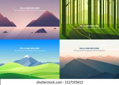 Banners vetoriais definidos com paisagem poligonal. Ilustração de fundo