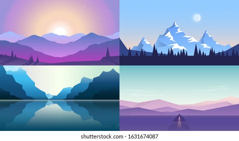Vector banners set with polygonal landscape illustration. Flat design
