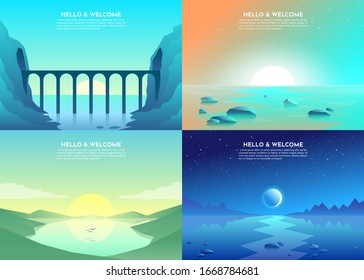 Vector banners set with polygonal landscape illustration - flat design. Minimalist style. Road over the mountains, lake, sunset, night, bridge, tunnel in mountains. 